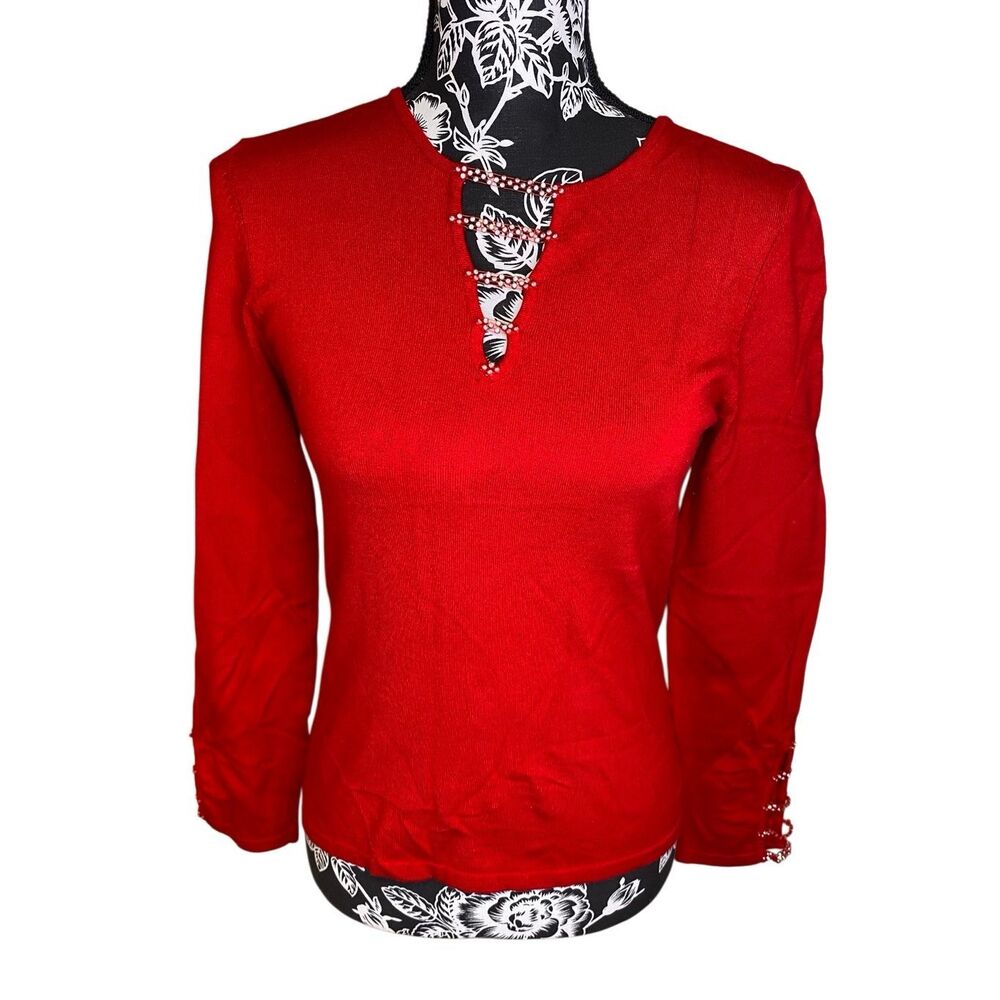 Flawed Belldini Red Embellished Keyhole Sweater Womens Small Stretch Knit Crafts